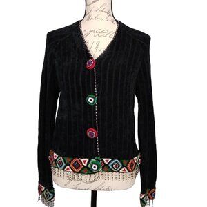 Berek By Takako Sakon | Vintage Beaded Chenille Cardigan Sweater Black | Size M
